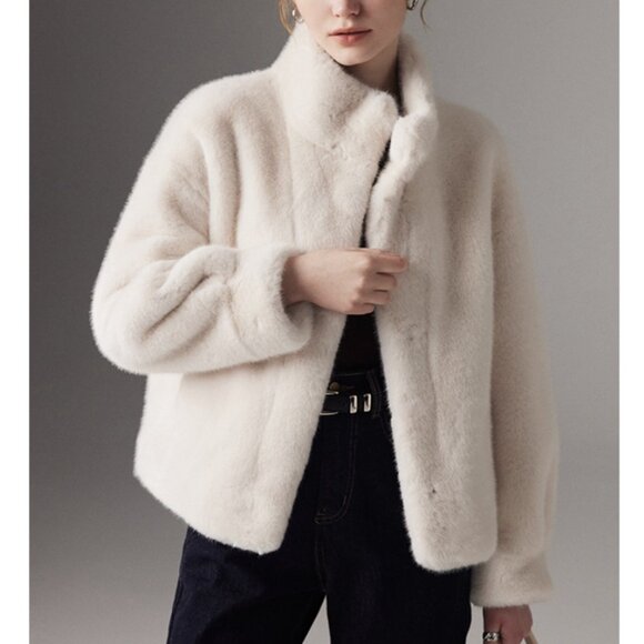 Eco Faux Mink Velvet Collarless Jacket - Picture 6 of 7